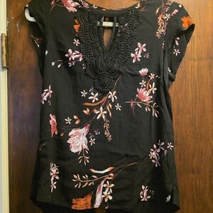 Daniel Rainn Black Floral Blouse with Crochet Detail